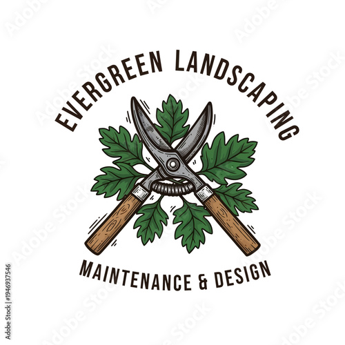 Landscaping Company Logo with Crossed Pruning Shears and Green Leaves