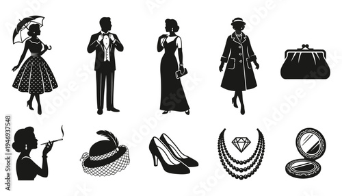 Vintage fashion silhouette icons of classic retro clothing and accessories