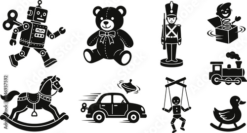 Set of vintage toy icons and silhouettes in retro style