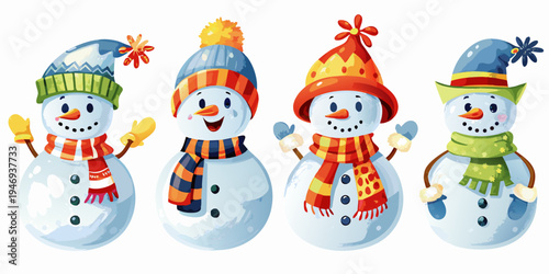 Four cheerful snowmen wearing colorful hats and scarves stand together