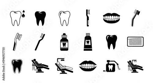 Dental Care Icon Set with Teeth and Oral Hygiene Equipment