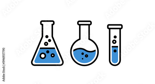 Science laboratory glassware icons with blue liquid and bubbles