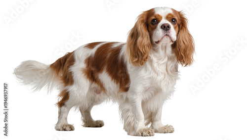 Isolated adorable purebred Cavalier King Charles Spaniel dog standing full body studio portrait