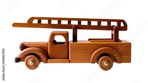 Isolated old-fashioned wooden toy fire truck with a ladder, classic children's playtime fun