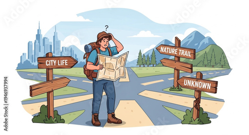 Man Holding Map at Crossroads.