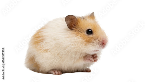 Isolated adorable golden hamster, small furry pet animal standing with paws together, cute rodent