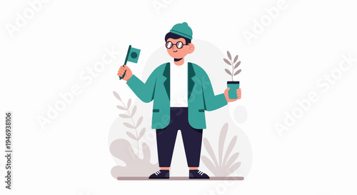 Cheerful person in green jacket, holding plant & flag