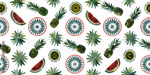 Tropical fruit pattern with pineapples watermelons and kiwi slices