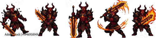 pixel art fantasy fire demon warrior character with flaming greatsword and volcanic armor for games.
