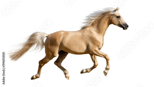 Isolated majestic palomino horse with flowing mane and tail running swiftly and elegantly
