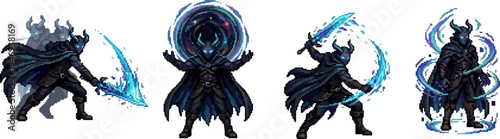pixel art void wanderer character with cosmic cape and glowing cyan energy blade magic effects.