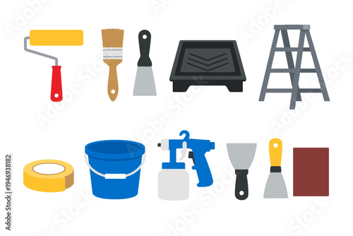 Comprehensive vector illustration set showcasing a wide array of essential flat design tools for home improvement, painting projects, and professional renovation tasks