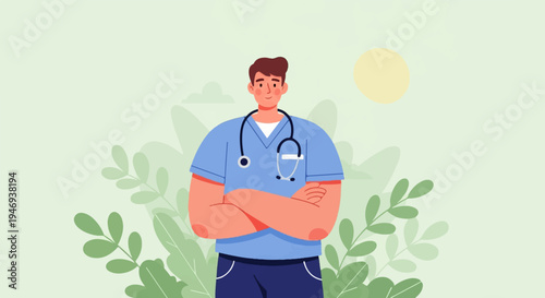 Cartoon healthcare professional wearing scrubs and stethoscope, with stylized plants and sun
