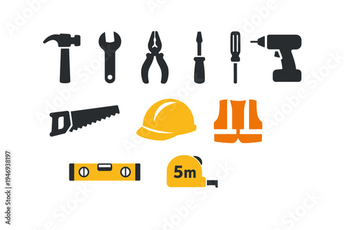 Collection of essential construction and DIY tools vector icons, perfect for repair, building, and home improvement projects