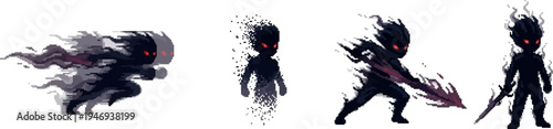pixel art shadowy smoke assassin character with glowing red eyes and dark energy blade weapon.