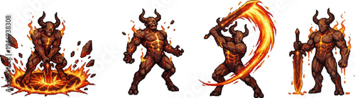 pixel art magma golem fire demon character forged from volcanic rock and liquid lava sword.