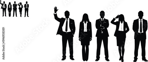 Group of professional business people silhouettes in formal suits standing together in various poses for corporate teamwork and leadership concepts