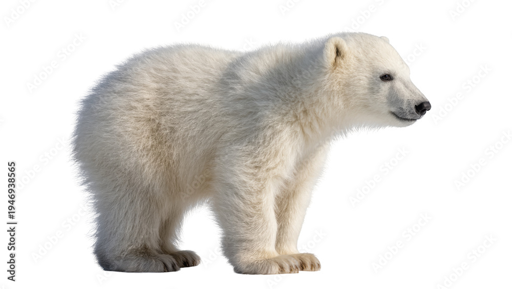 Fototapeta premium Isolated adorable young polar bear cub standing in profile, fluffy arctic mammal portrait