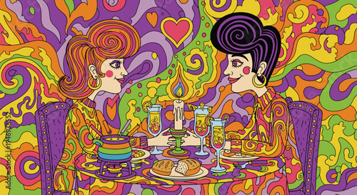 Vibrant Illustration of Women Dining Together.