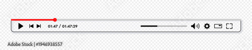 Videoplayer bar glass morphism with button play, timelime, speaker, volume, timeline. Audio player for songs, podcast playlist