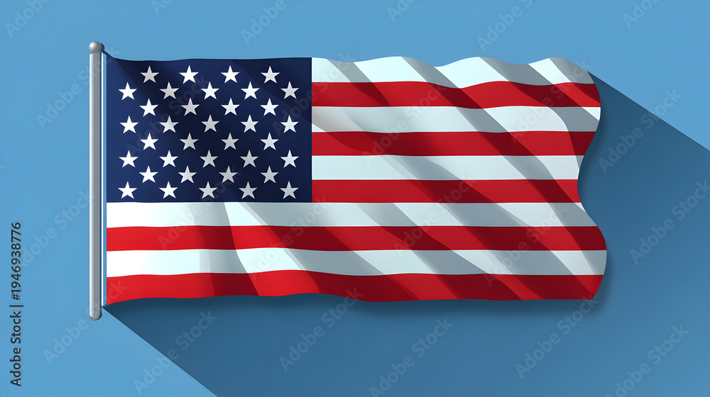 Obraz premium American flag waving with long shadow on transparent blue background symbolizing freedom and patriotism
