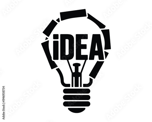 Conceptual illustration of a light bulb with the word idea forming its filament against a clean white background