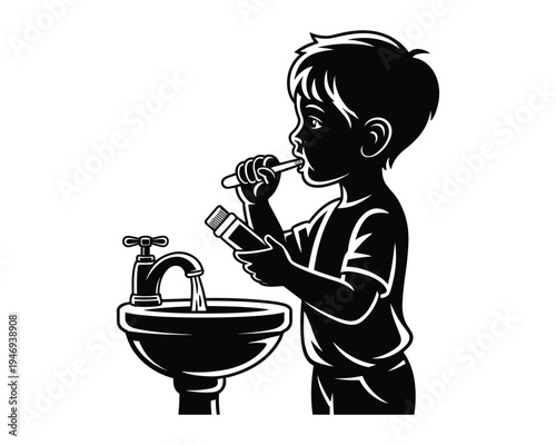 Young boy brushing teeth with toothpaste next to a running faucet and sink hygiene concept
