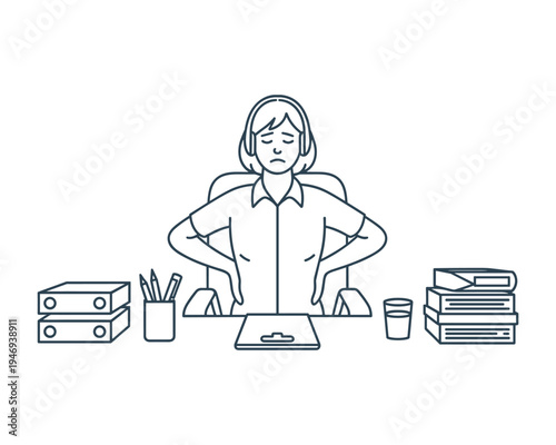 Tired stressed office worker sitting at desk with back pain and piles of documents