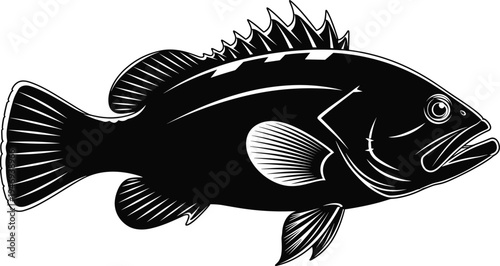 Grouper fish black silhouette vector illustration isolated on white background for seafood restaurant logo design marine animal fishing sports outdoor adventure.