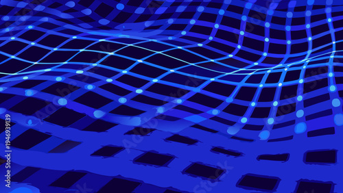 Abstract blue network with glowing nodes and a wavy grid pattern