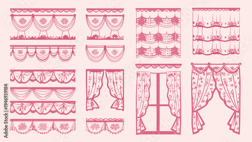 Collection of ornate pink window valances and curtain designs
