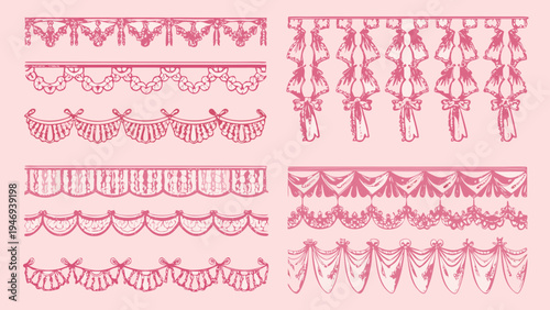 Collection of delicate pink lace border designs on a pink background