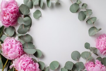 top view border frame pink flowers peonies and green eucalyptus leaves are arranged in a circular shape on light surface. empty space in center, simple and clean look. colors contrast nicely