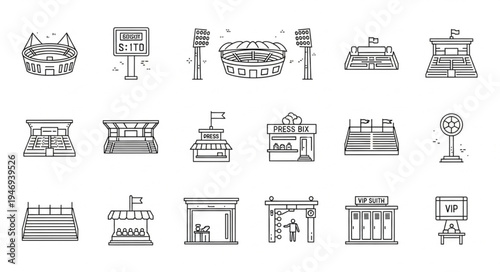 Diverse Collection of Stadium and Arena Line Art Illustrations.