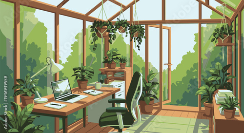 Serene Greenhouse Office Workspace with Lush Plants.