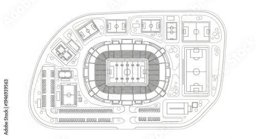 Overhead architectural plan of a stadium complex with surrounding buildings.