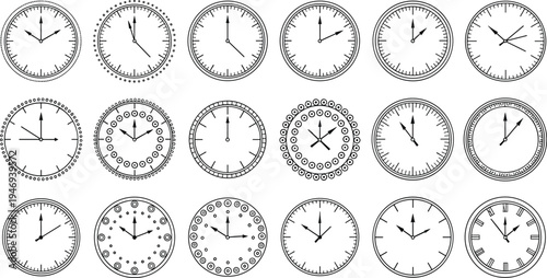 Analog wall clock collection with different dial styles minimalist line art timepiece set vector illustration isolated on white background