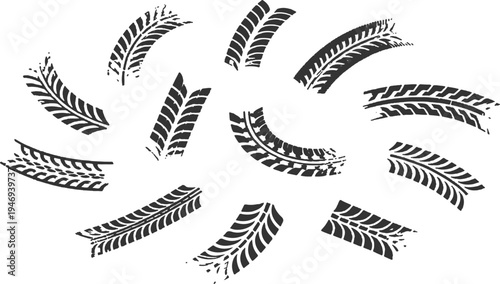 Collection of black tire tracks prints and marks isolated on a white background.