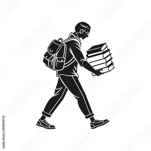 Student walking to school carrying a heavy stack of books and a backpack symbolizing commitment to learning