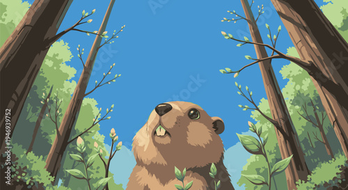 Adorable Cartoon Groundhog in Forest Setting.