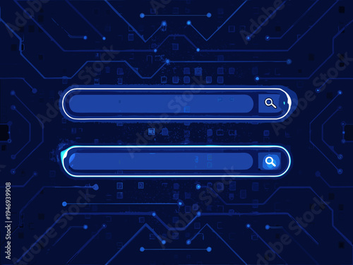 Abstract blue circuit board with search bars and glowing connections