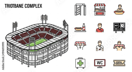 Isometric View of a Stadium Complex with Amenities and Icons.
