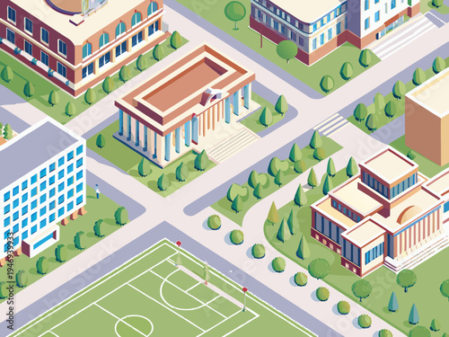 Isometric illustration of a university campus with classical architecture