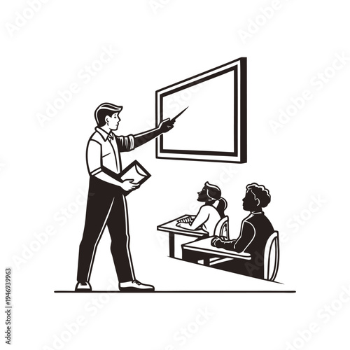 Teacher instructing students in a modern classroom using a whiteboard and digital learning devices