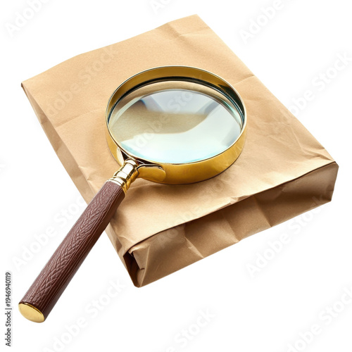 Magnifying glass placed on a brown paper package on a flat surface in a well-lit room during the afternoon