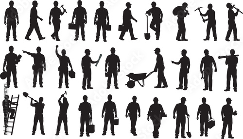 Set of Construction Worker Silhouettes with Tools. Labor Day Concept vector illustration