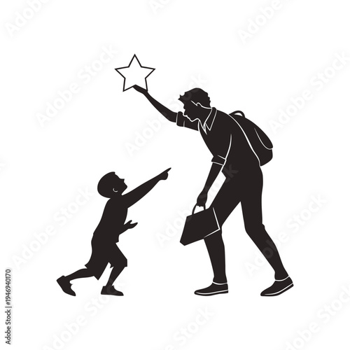 Adult holding a star while a child stretches upward toward it in a symbolic black and white mentorship illustration