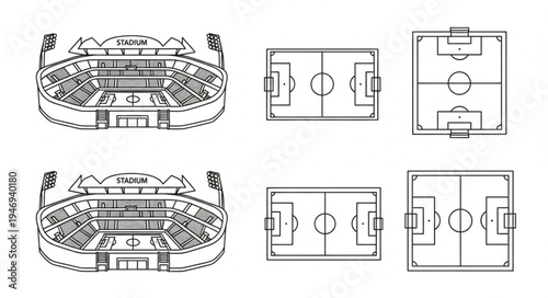 Detailed Soccer Stadium and Field Layouts in Black and White.