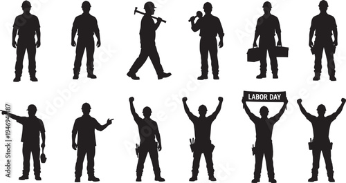 Set of Construction Worker Silhouettes with Tools. Labor Day Concept vector illustration
