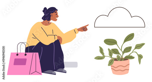 Shopping, eco-friendly habits, sustainability, cloud storage, consumer behavior, self-sufficiency. Woman with shopping bag pointing at a cloud near a plant in pot. Eco-friendly habits